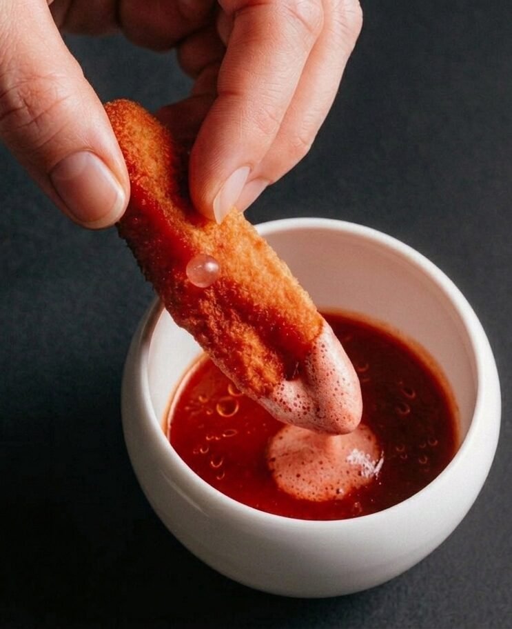 A hand dipping a golden crisp into a bowl of deep red consomme topped with foam