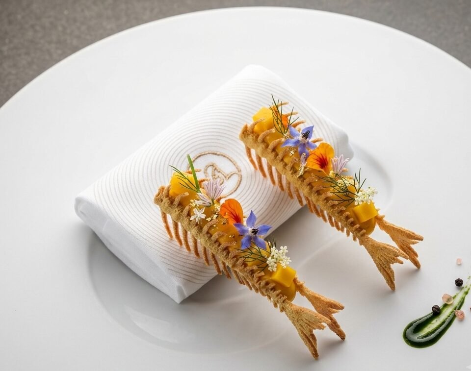 Two langoustine tails on a golden tuile with borage flowers and dill, plated on white porcelain