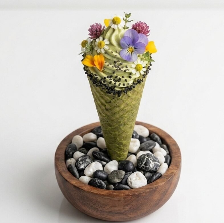 Matcha cone topped with herb cream, black sesame and edible flowers, set in a bowl of pebbles